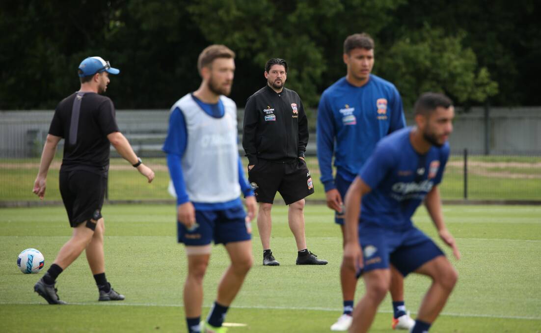 PRIMED: Coach Arthur Papas (centre) expects the Jets to hit the ground running when they resume their campaign against Adelaide at McDonald Jones Stadium on Sunday. Picture: Simone De Peak 