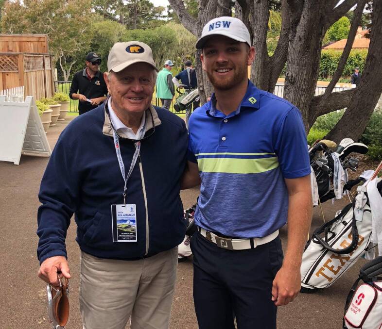 ESTEEMED COMPANY: Blake Windred (right) caught up with the greatest golfer of all time, Jack Nicklaus, after the Charlestown 20-year-old progressed to the final 64 at the US Amateur at Pebble Beach on Wednesday.