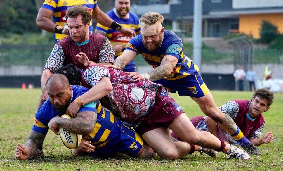 Hamilton hooker Chris Ale crashes over for a try in the Hawks' come-from-behind 38-32 win over University at Bernie Curran Oval. Picture by Matt Mockovic
