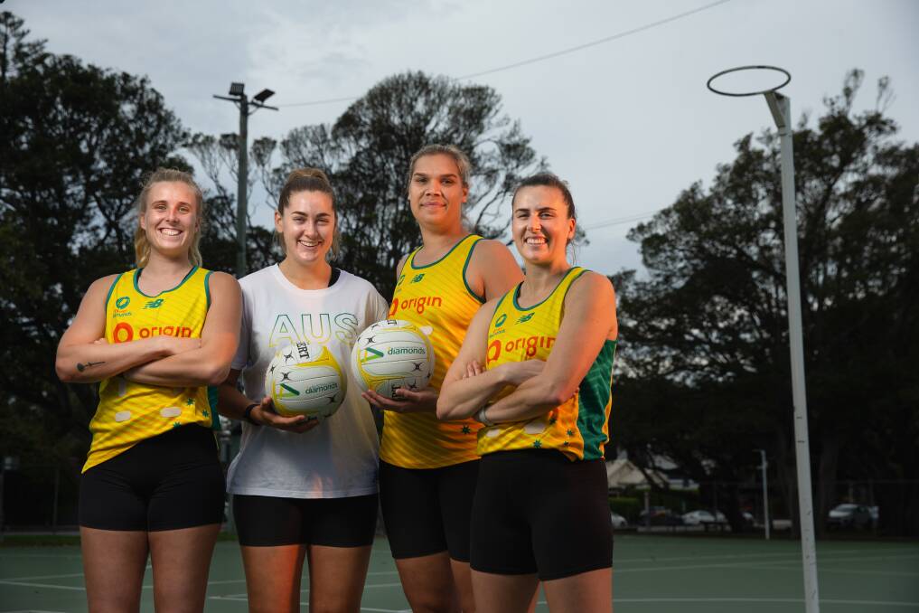 Australian Diamonds players Maddy Turner, Sophie Garbin, Donnell Wallam and Maddy Proud at National Park on Tuesday. Picture by Marina Neil 