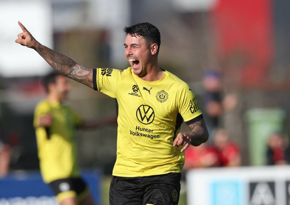 Reece Papas celebrates one of his two goals in Jaffas' 4-2 win over Magic on Saturday. Picture Sproule Sports Focus