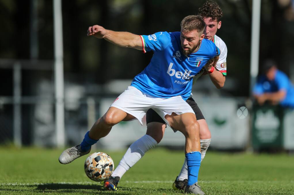 Azzurri's Jacob Melling on the ball in Sunday's 2-0 win over Adamstown at Lisle Carr Oval. Picture by Marina Neil