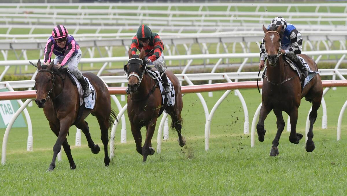 NICE SURPRISE: The Kris Lees-trained Doukhan, far right, finishing strongly for second to Moss 'N' Dale in the Craven Plate at Randwick on Saturday. Picture: AAP
