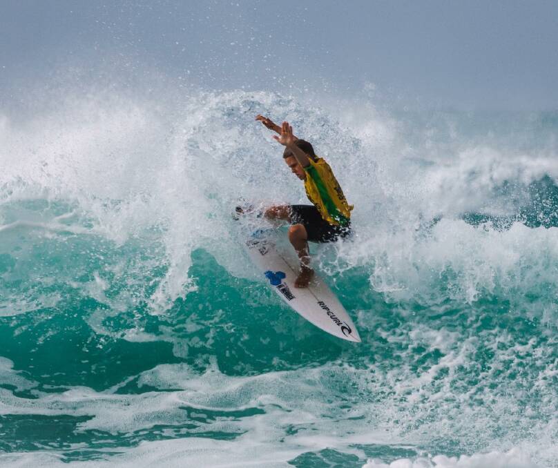 Ocean Lancaster ripping into a turn during the national under-14 final on Sunday at North Stradbroke Island. Picture by Sam Walkerdene/Surfing Australia