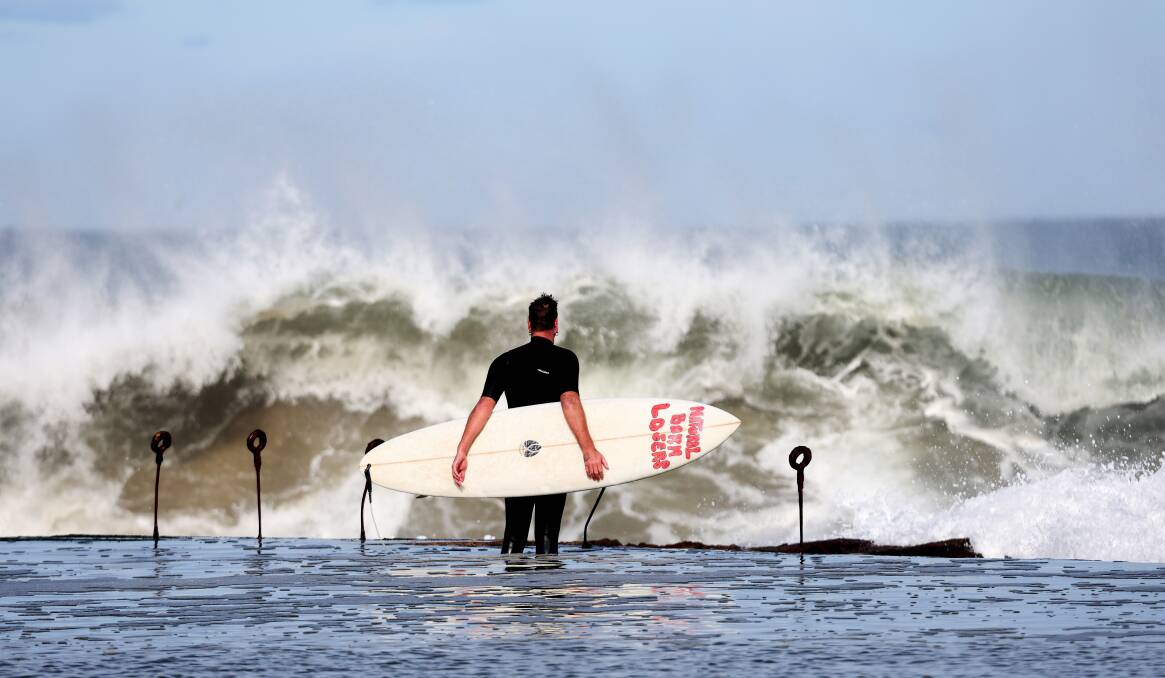 A Newcastle surfer weighing up whether to tackle the big surf at city beach on Monday. Picture by Peter Lorimer 
