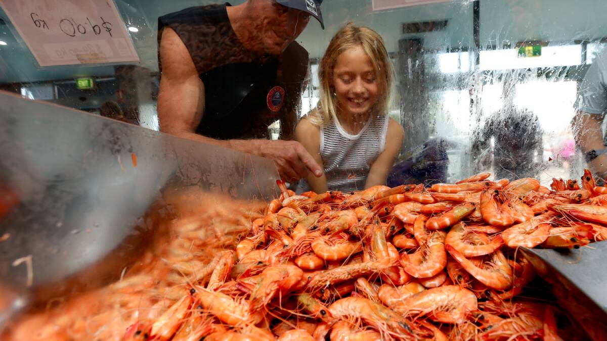 Chris Berlin and his daughter Charlotte eye off some prawns at the Commercial Fishermen's Co-operative Newcastle in Wickham. Picture by Jonathan Carroll 