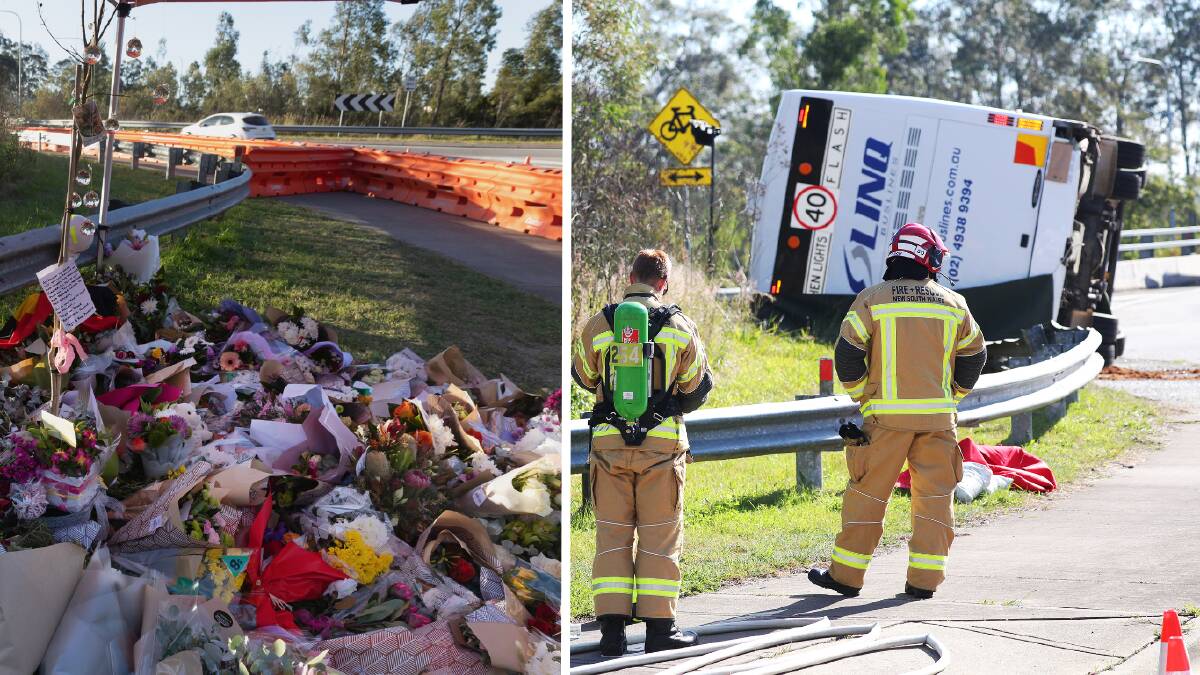 Flowers left at the scene after the June 11 crash, and emergency services responding to the crash.