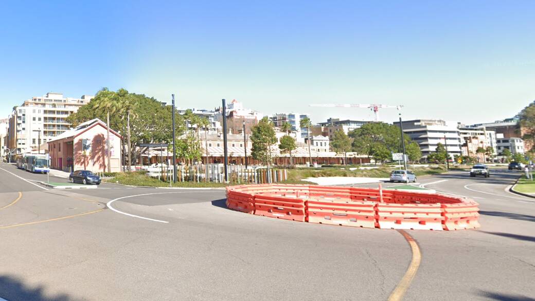 The roundabout at the intersection of Watt Street and Wharf Road. Picture Google Earth