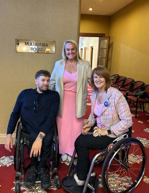 Paralympian Dylan Alcott, lord mayor Nuatali Nelmes and NSW Parliamentary Secretary for Disability Inclusion Liesl Tesch at City of Newcastle's Count Us In festival in 2023.