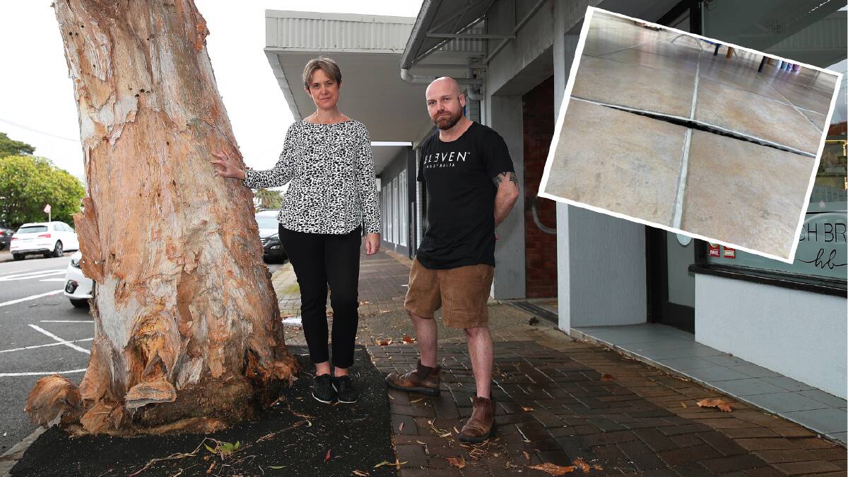 Pot Pourri Cottage's Trudy Wallace and Hair Society's Mitch Cruikshank near one of the trees on the Glebe Road footpath, and inset, busted tiles in Ms Wallace's shop. Picture by Peter Lorimer