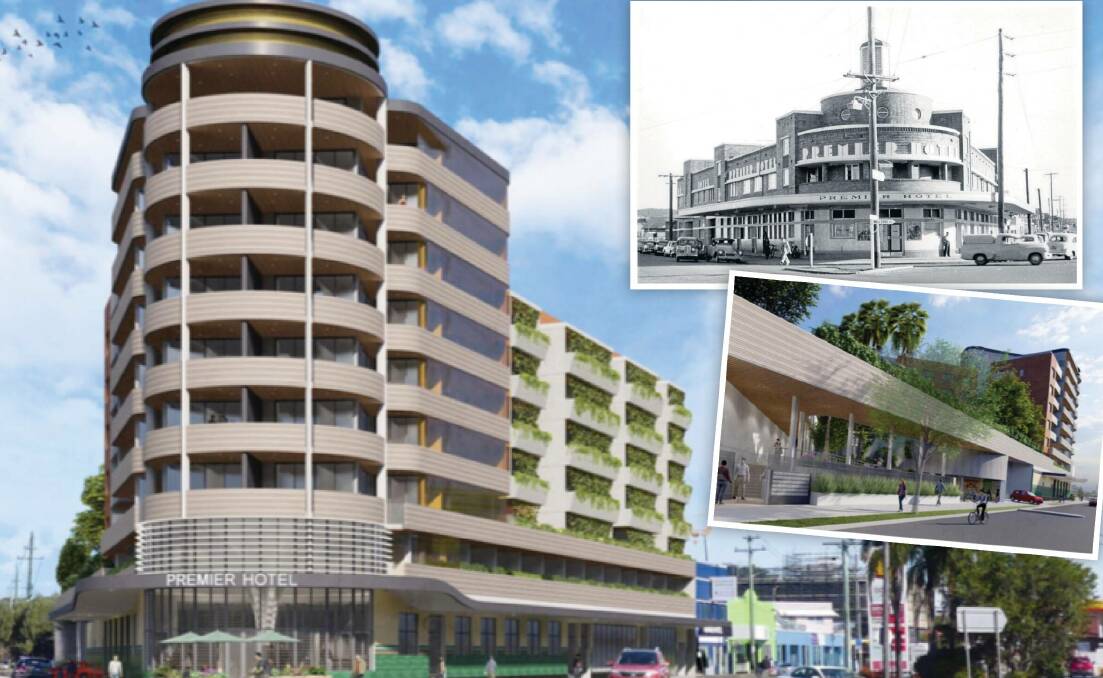 The previously proposed Premier Hotel redevelopment at the Nineways at Broadmeadow. Inset, a historic shot of the Premier.