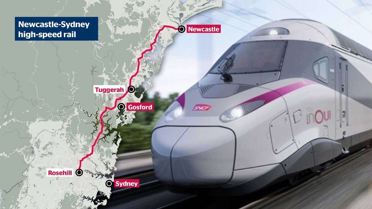 The East Coast High Speed Rail Network will connect Sydney, the Central Coast and Newcastle. Above, one of the possible routes. 