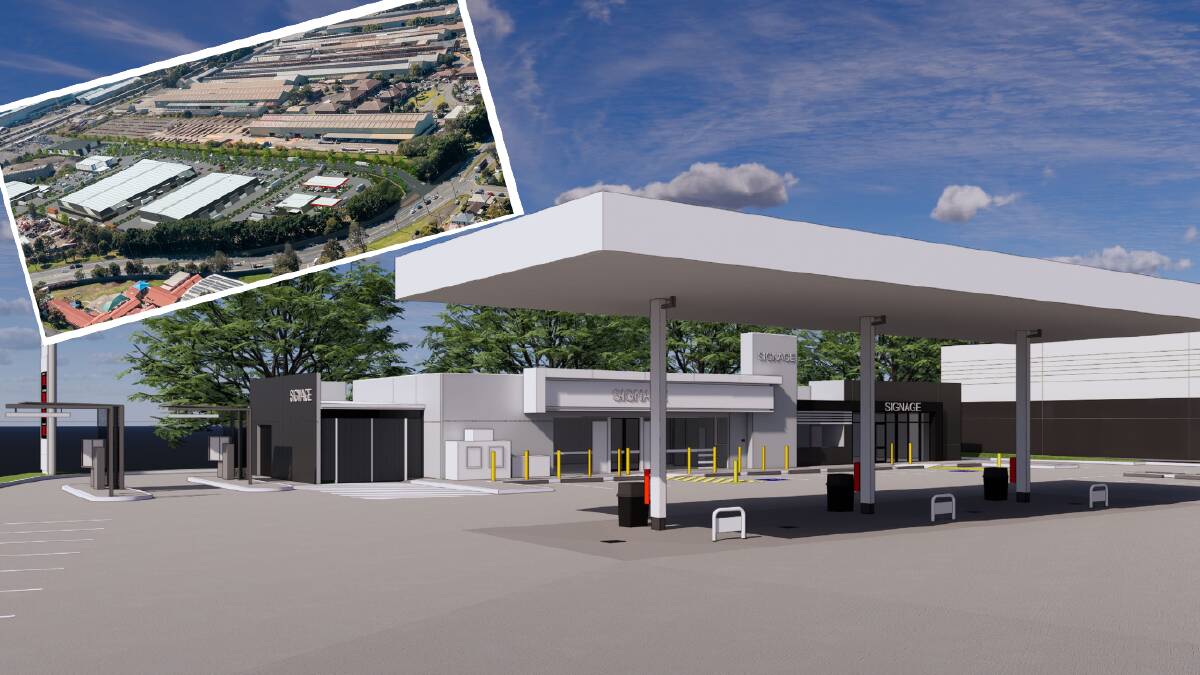 The proposed service station and food outlet, and inset, an aerial look of the planned additions to 71 Industrial Drive. Pictures supplied