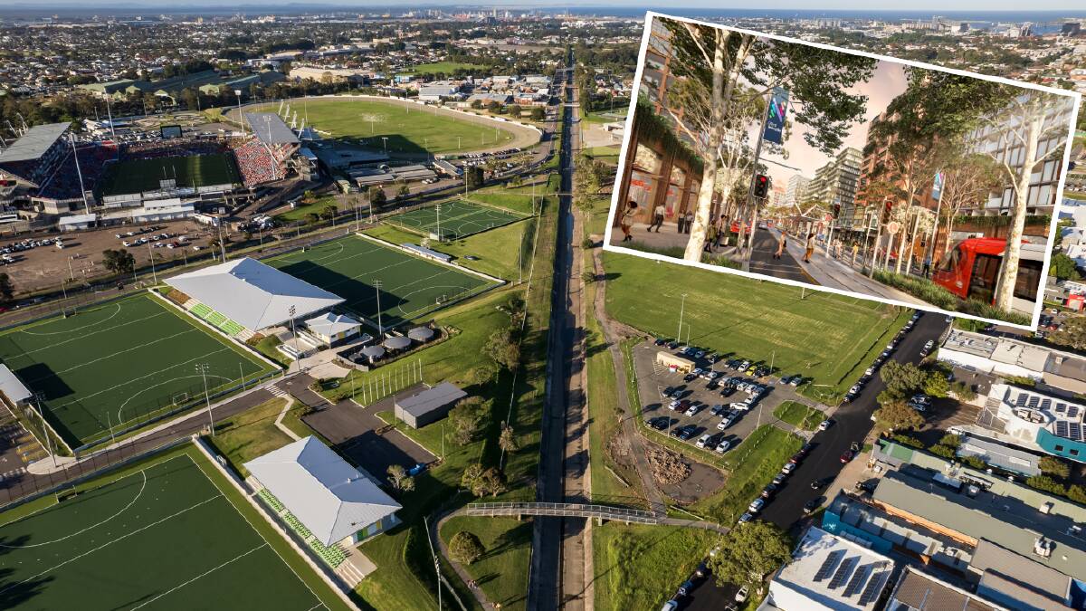 An aerial view of Broadmeadow and inset, a concept image of Belford Street in the Broadmeadow Place Strategy. Pictures supplied