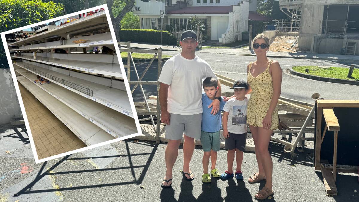 Jason and Ashleigh Desmond with their kids Hudson and Alfie are stranded in New Caledonia, and inset, empty shelves at a local shop in Noumea. Pictures supplied
