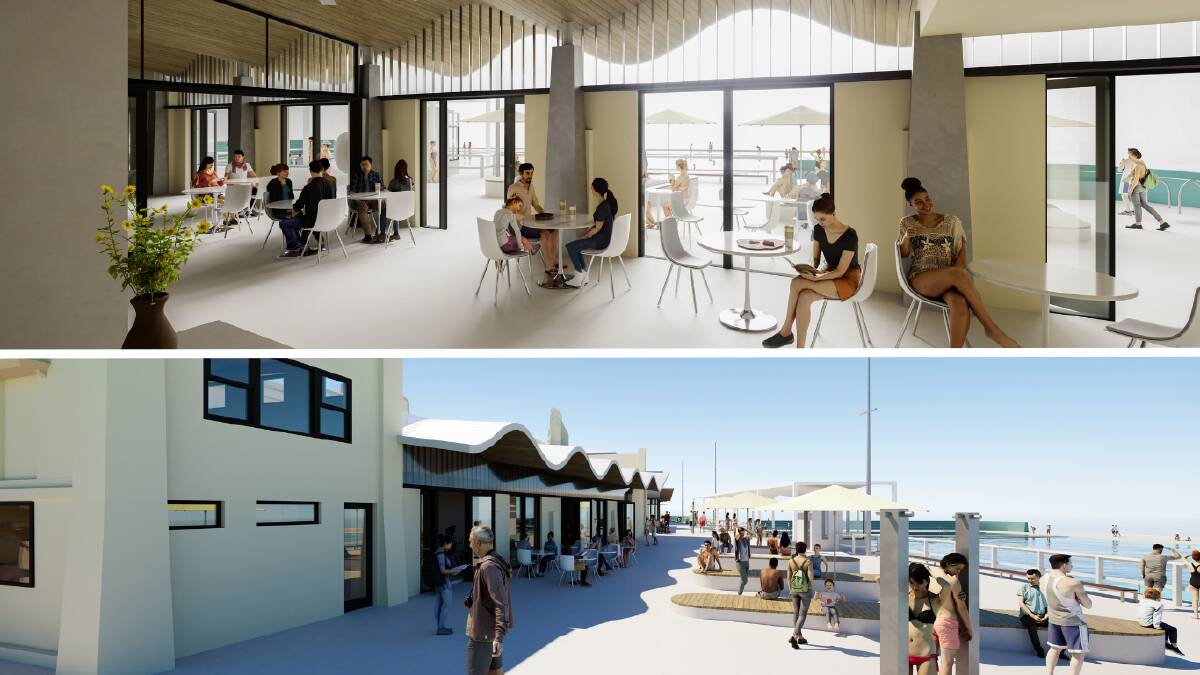 Concept designs of the proposed new cafe and upper promenade areas at the Newcastle Ocean Baths. Pictures supplied
