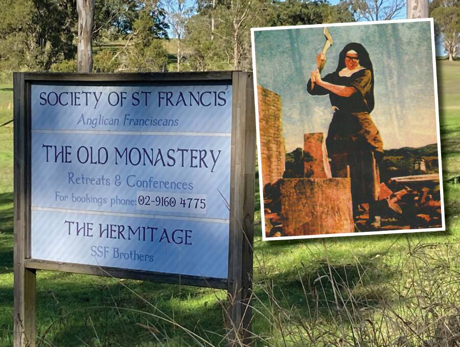 The curious Old Monastery sign just outside of the village of Stroud. Picture by Mike Scanlon. Inset: Sister Angela of Stroud cutting firewood as seen on the cover of Faith Reid's rare 2011 book. 