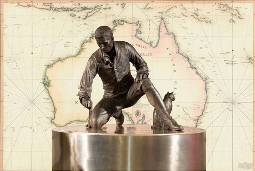 One of the many bronze sculptures of navigator and explorer Matthew Flinders. Picture: Supplied. Below - The replica sloop Norfolk and crew arrive in Sydney after sailing from Tasmania in 1998 as part of a re-enactment voyage of discovery. Picture: Newcastle Herald 