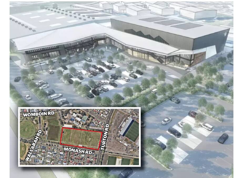 Newcastle Basketball's proposed stadium and (inset) its intended location on Blackley and Wallarah ovals beside Lambton High School. Images supplied