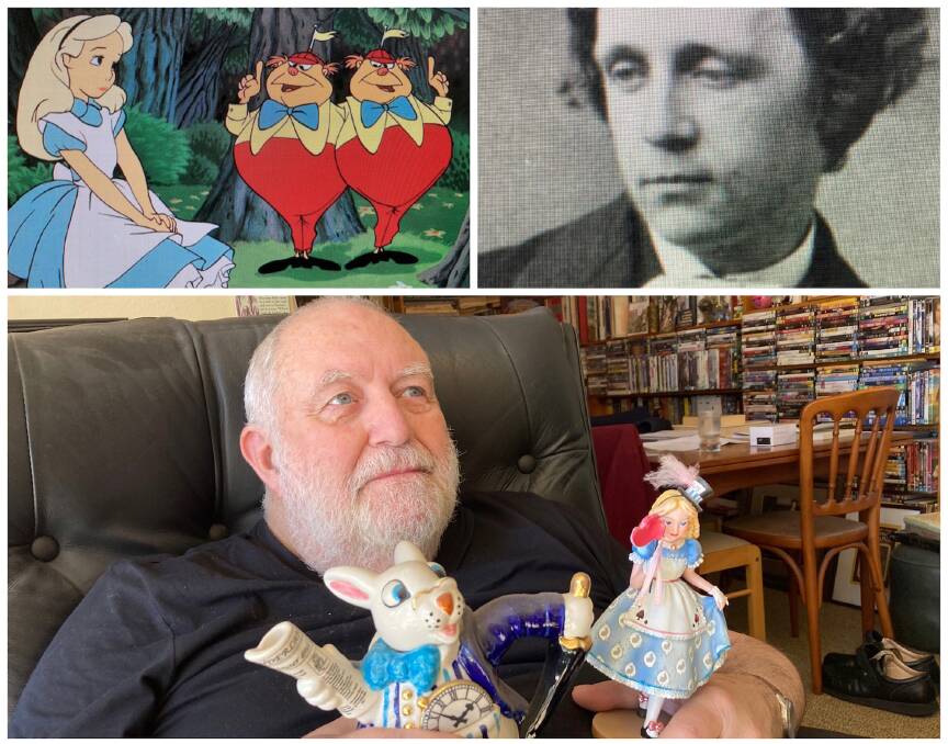 John Spraggon at home with some of his collectables, and (at top) Disney artwork and cultural icon and author Lewis Carroll.