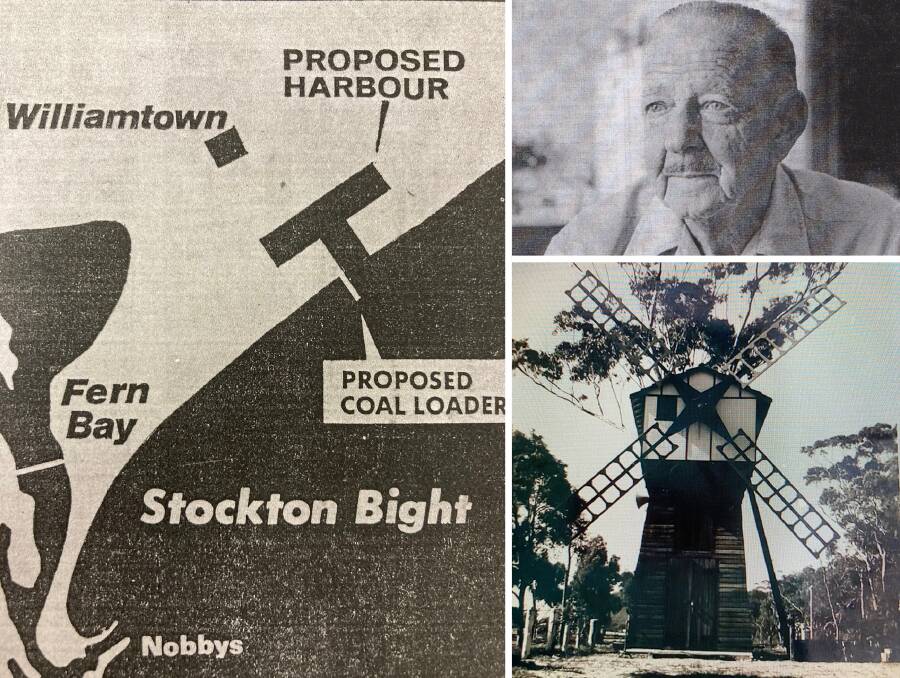 Rare artwork of the proposed $100 million port plan north of Stockton in late 1972. Gifted inventor Geoff Wikner and the novelty Little Bay windmill. Pictures from the author's collection