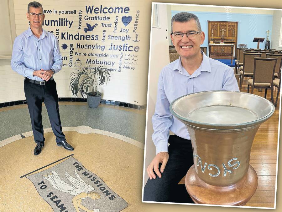 Senior Newcastle port chaplain Garry Dodd in the foyer of the 1940s Mission to Seafarers building in Wickham, and, at right, with the famous Sygna bell. Pictures by Mike Scanlon