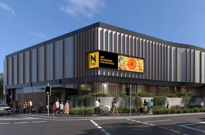An artist's impression of the updated gallery design showing new metal fins and an electronic sign facing Darby Street.