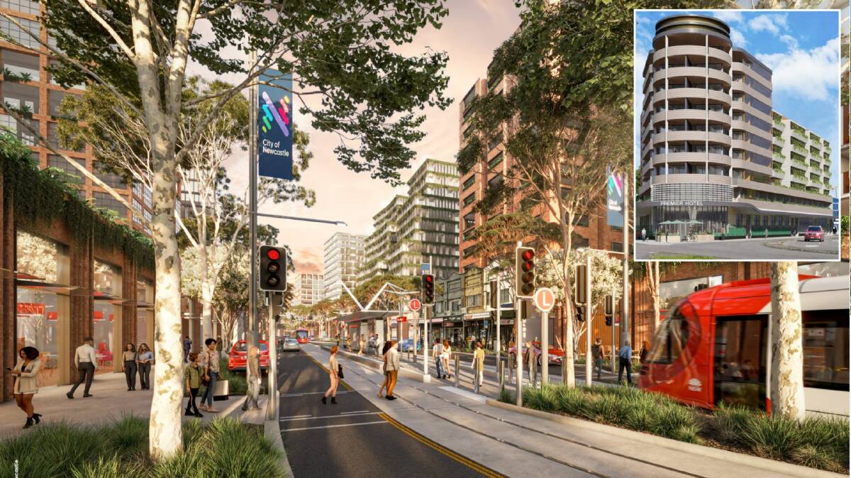 A concept image of a Belford Street light rail line flanked by apartment buildings and, inset, the Nineways development rejected by planning authorities in February. Images supplied 