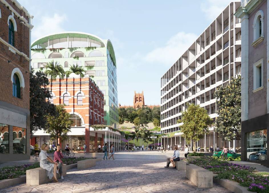 Iris Capital's revised plan for apartment buildings and a public square off the Hunter Street Mall. Image supplied 