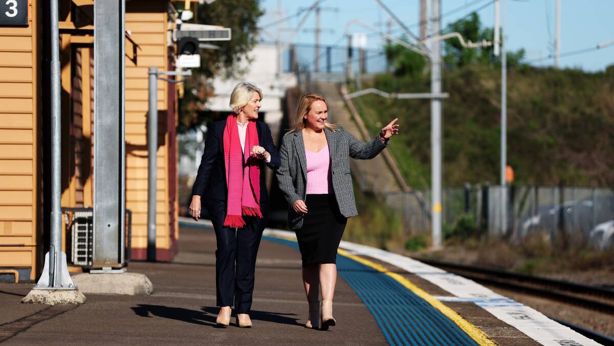 Minister for the Hunter Yasmin Catley and lord mayor Nuatali Nelmes at a media conference at Broadmeadow Station on Wednesday. Picture by Peter Lorimer