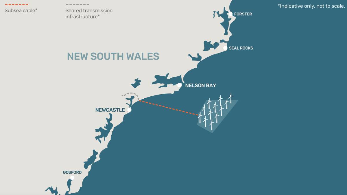 A map of BlueFloat Energy's floating wind farm proposal off the Hunter coast.