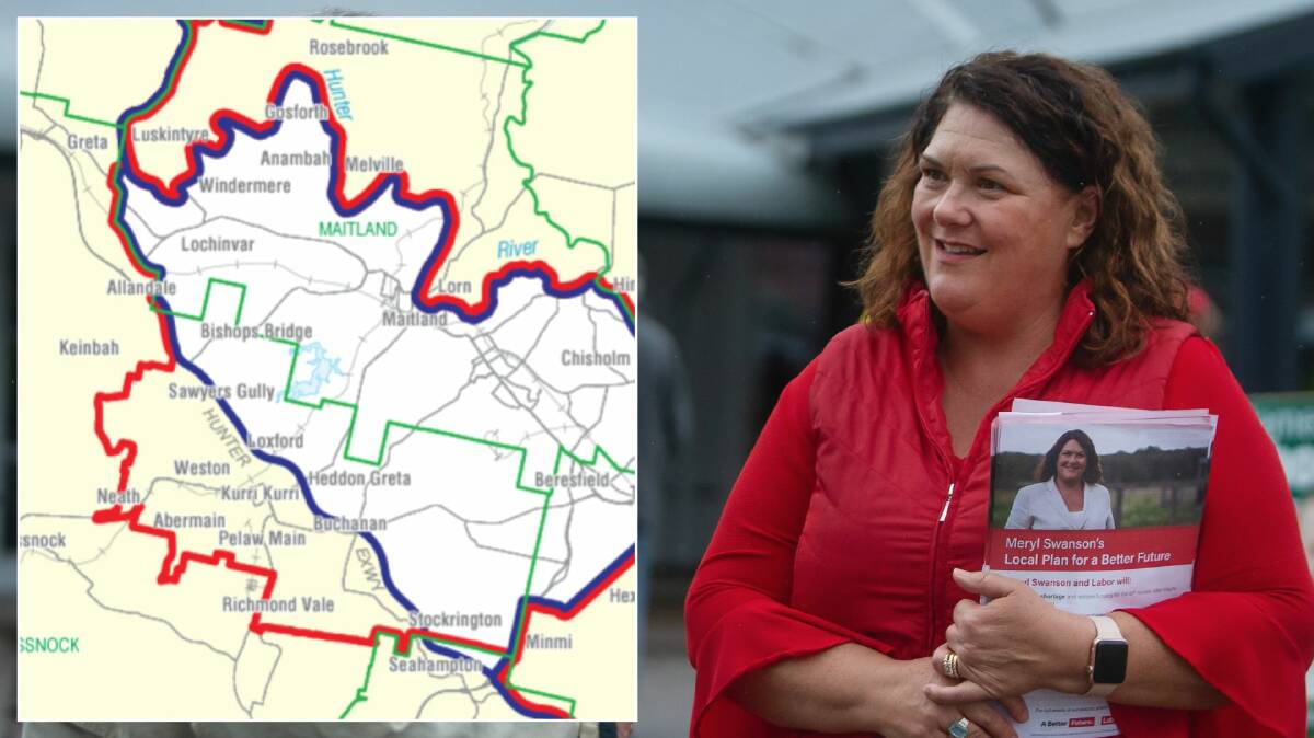 Meryl Swanson and an Australian Electoral Commission map showing how her seat could lose Kurri Kurri and Weston at the next election. Picture by Marina Neil