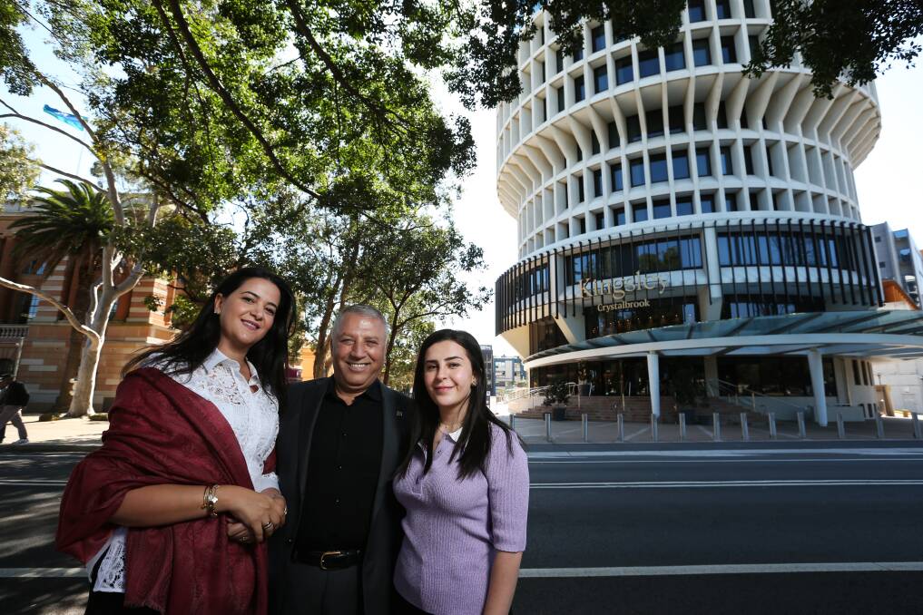 PLANS: Ghassan Aboud with wife Nahed and daughter Joud outside the Kingsley hotel on Monday. Picture: Simone De Peak