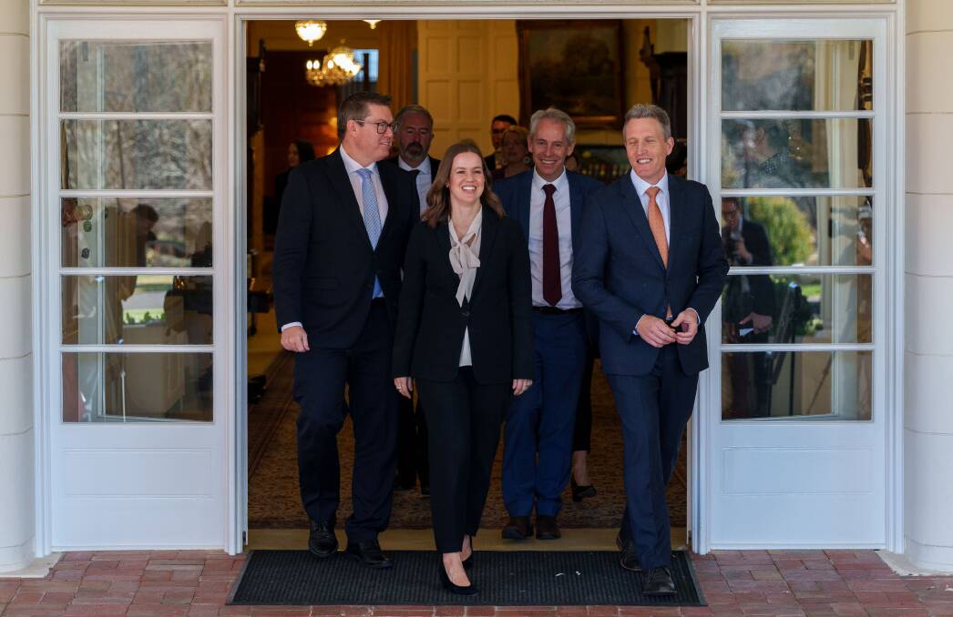 Pat Conroy, left, emerges from Government House after being sworn in as a cabinet minister on Monday. Image supplied