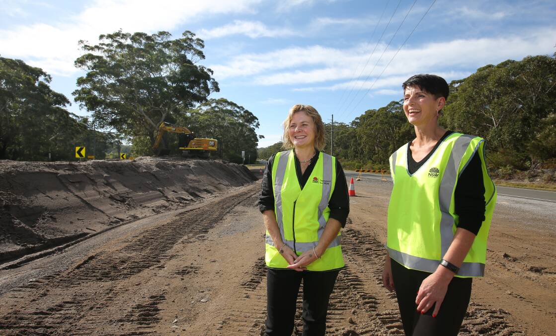Transport for NSW regional director Anna Zycki and Port Stephens MP Kate Washington at Bobs Farm on Thursday. Picture by Simone De Peak 