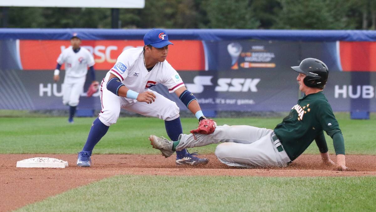 Nic Anderson-Vine is tagged out against Chinese Taipei.