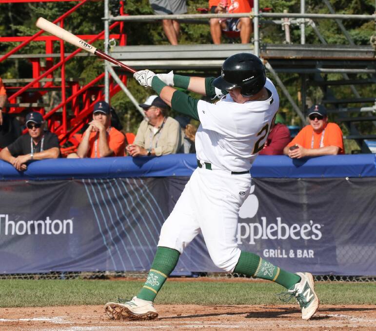POWER: Rixon Wingrove launches a home run against Nicaragua at the U18 Baseball World Cup in Canada. He and fellow Novocastrian Jake Amos were the only Australians to hit homers in the tournament. Picture: James Mirabelli