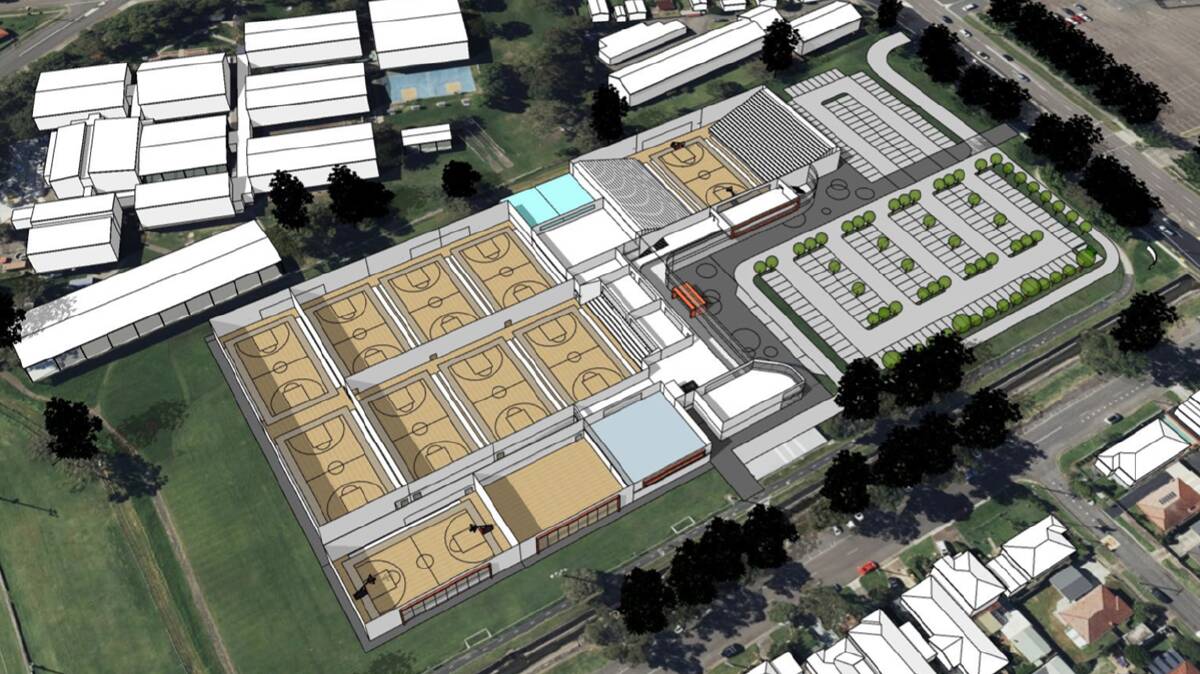 A cutaway image showing the proposed indoor basketball stadium and car park next to Lambton High School, top left. Image from Newcastle Basketball stadium scoping report