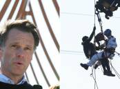L: Premier Chris Minns in Newcastle on Thursday. R: a protester is removed from the Kooragang Bridge on Tuesday. 