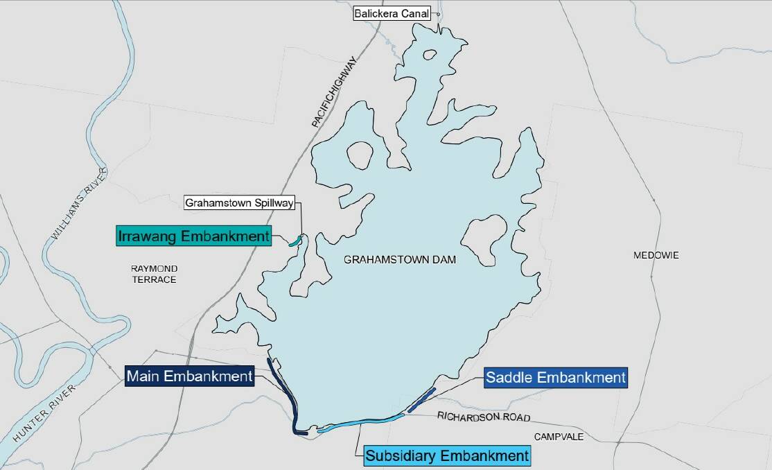 Map shows where Grahamstown Dam walls are located. 