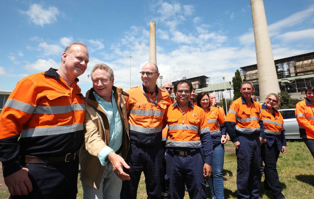 Twiggy Forrest with Liddell workers in late 2021. Picture by Simone DePeak. 