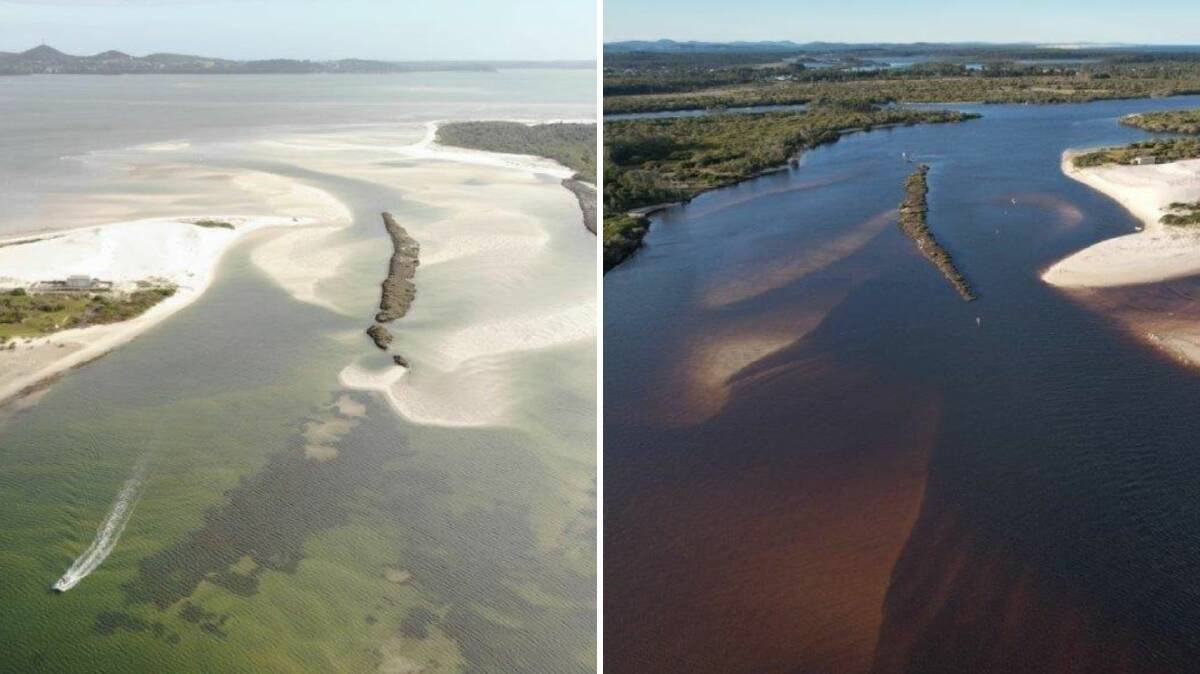 Myall River entrance in March (L) and July. Pictures by John Grainger. 