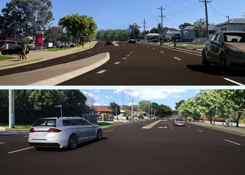 Concept designs looking west on Minmi Road (top) and east (bottom). Pictures supplied by City of Newcastle