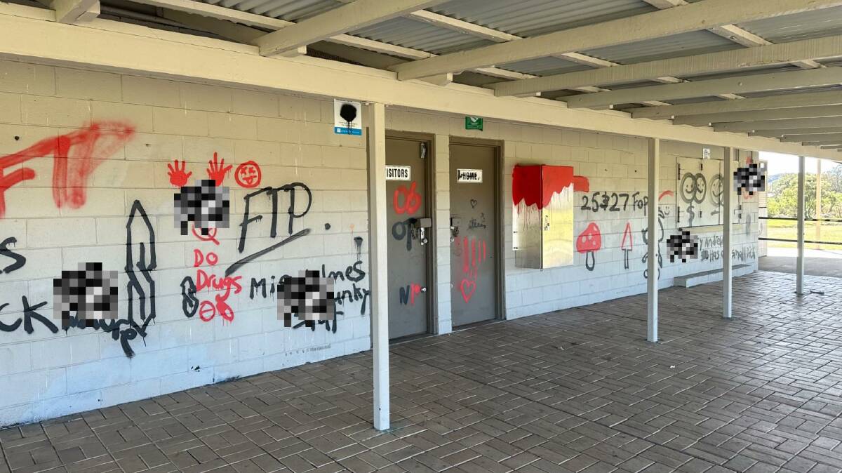 The graffiti on the clubhouse at Hunter Barnett Field in Windale. Picture from Facebook