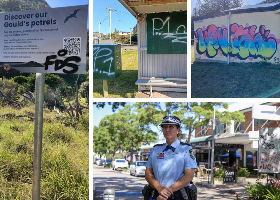 Graffiti in the Port Stephens area, and bottom right, Nelson Bay police officer-in-charge Inspector Kristin Marshall. Pictures supplied, file