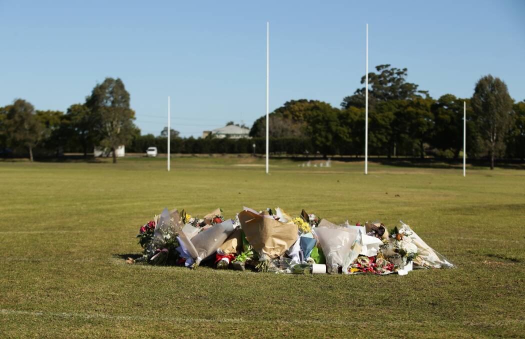 Floral tributes at the home ground of the Singleton Roosters, Zachary Bray's club. Picture by Simone de Peak
