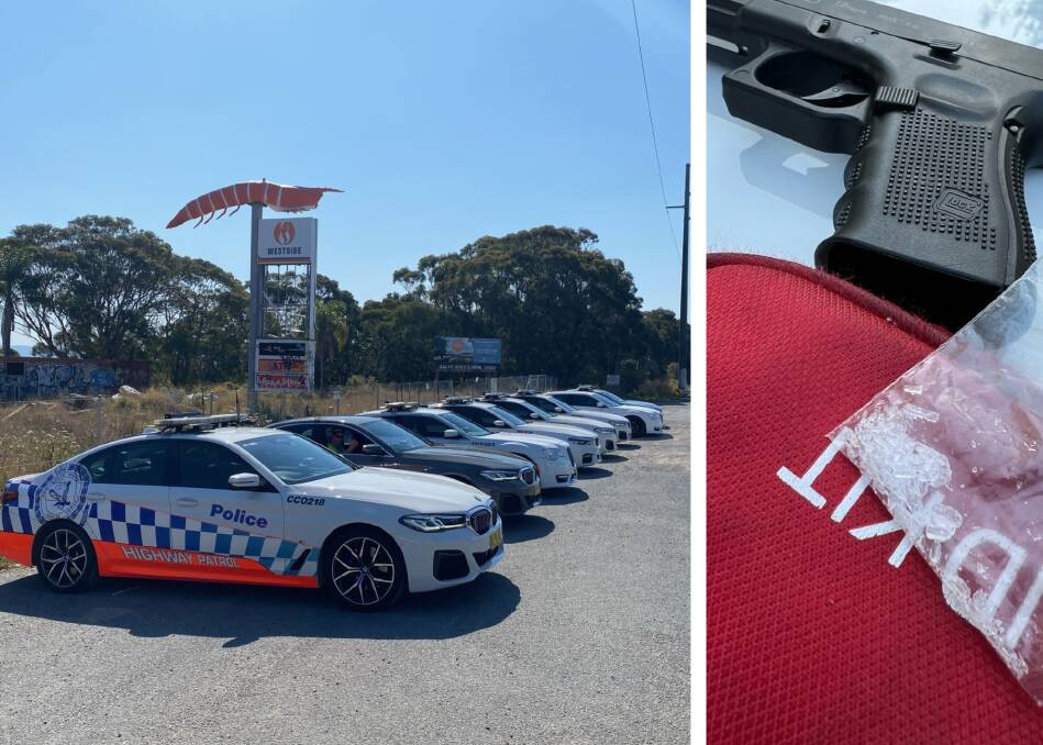 Left, police conducted testing, and right, a man was arrested after a gel blaster and drugs were allegedly found. Pictures supplied by NSW Police