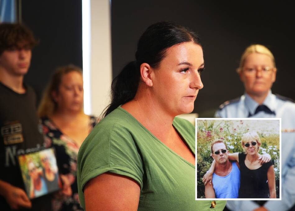 Lake Macquarie Superintendent Tracy Chapman addresses media with the families of Robert Pashkuss and Stacey McMaugh, who were murdered at Caves Beach in 2008. Pictures by Peter Lorimer