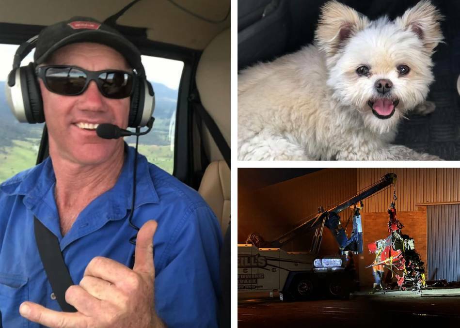 Helicopter pilot Ed Kraft, his dog Roxy, and the wreck police discovered in water off Hawks Nest. Pictures from Instagram, Wez