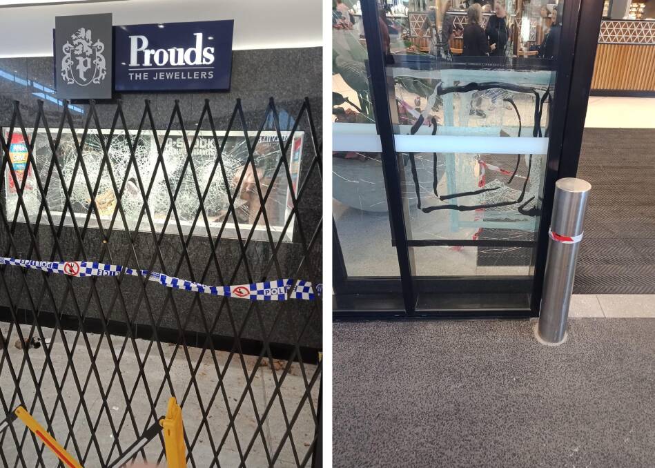 Three people smashed a Lake Macquarie shopping centre door before smashing a window at a jewellery store. Pictures by Troy Stewart